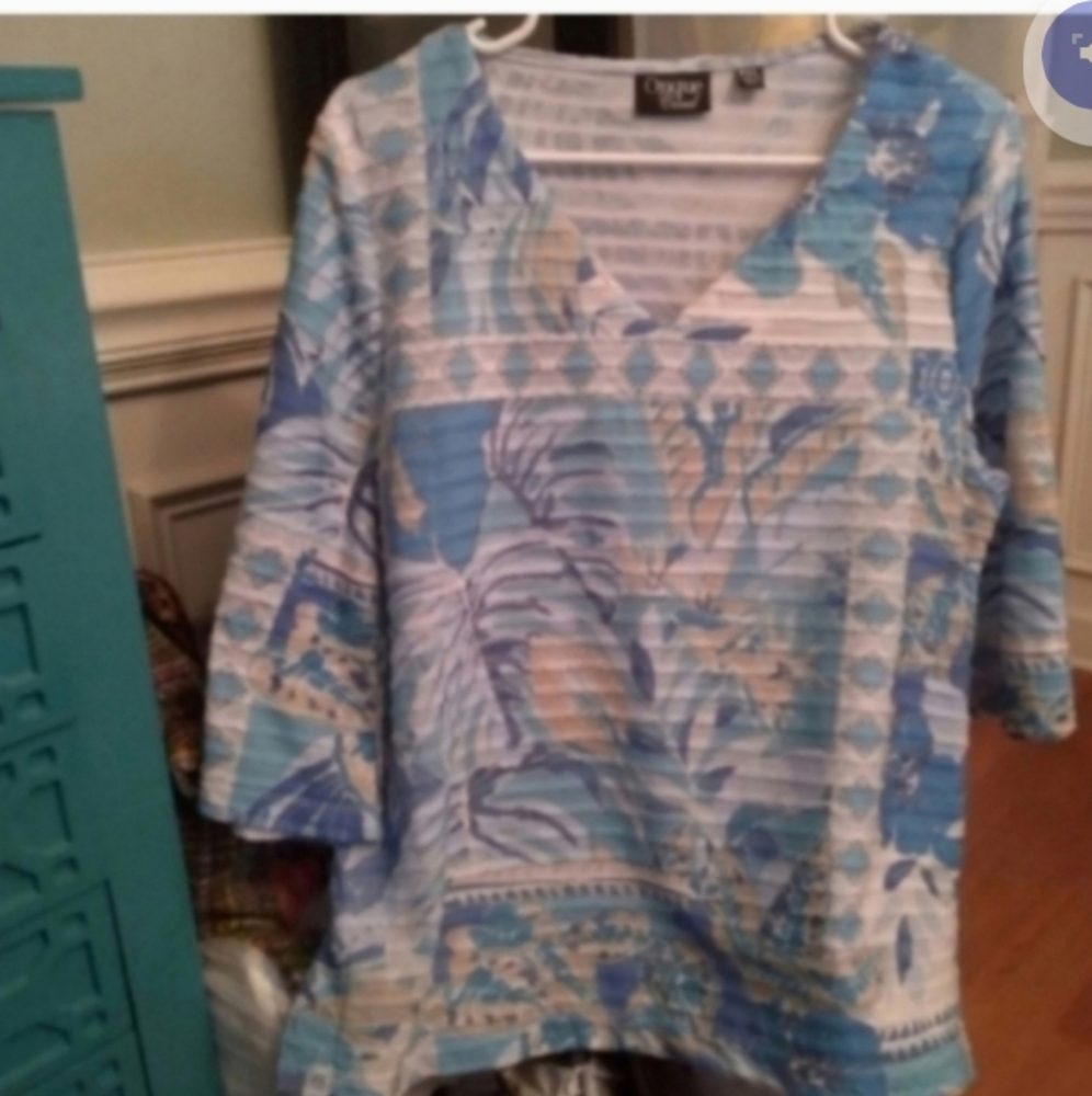 Onque Blue Tan Green Floral Geometric Blouse XL Career Office Dressy Spring EUC